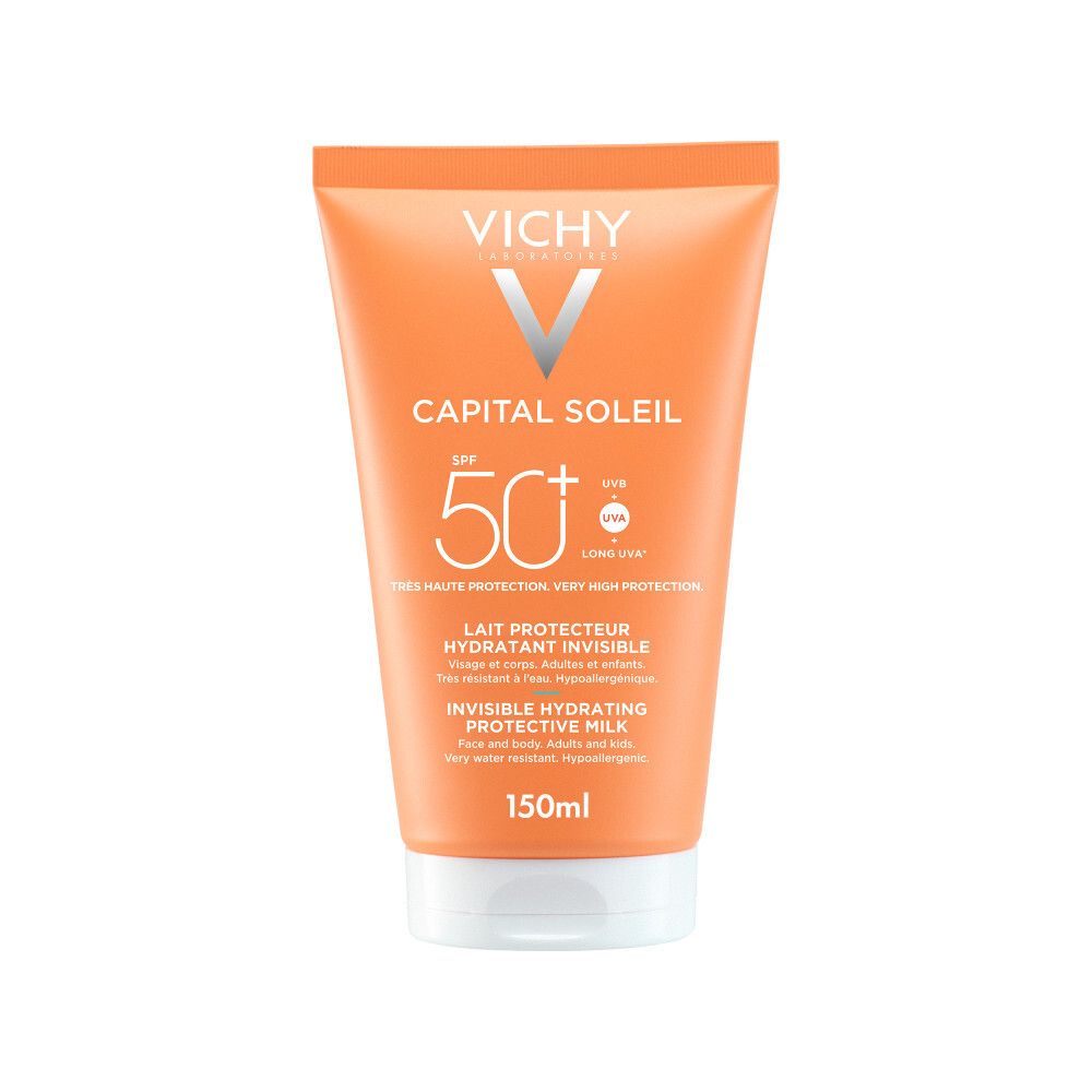 Tube de lait solaire orange. Logo Vichy, Capital Soleil, SPF 50+. Texte: Lait Protecteur Hydratant Invisible. 150 ml.