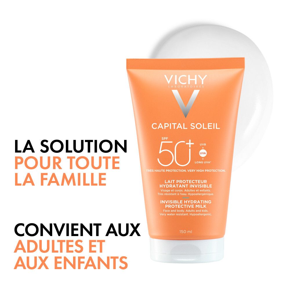 Tube de lait solaire orange. Logo Vichy, Capital Soleil, SPF 50+. Texte: Lait Protecteur Hydratant Invisible. 150 ml. Sur fond blanc.
