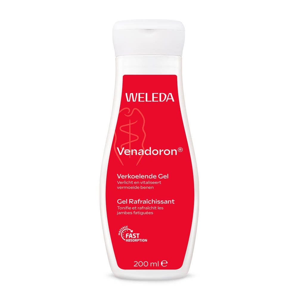 Weleda Venadoron Gel. Witte fles, rood etiket. Tekst: Venadoron, verkoelende gel, 200 ml. Logo: Fast Absorption.