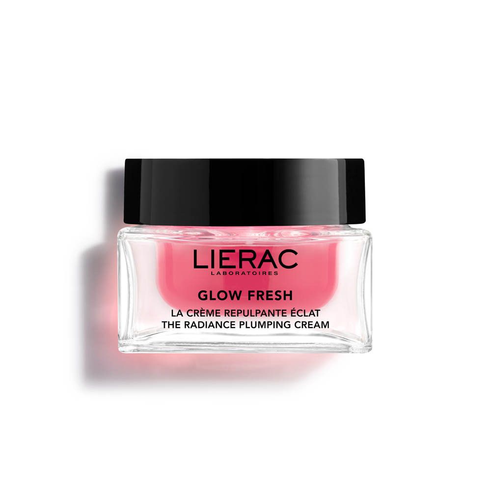 Glazen pot met roze crème en zwarte deksel. Lierac-logo en productnaam.