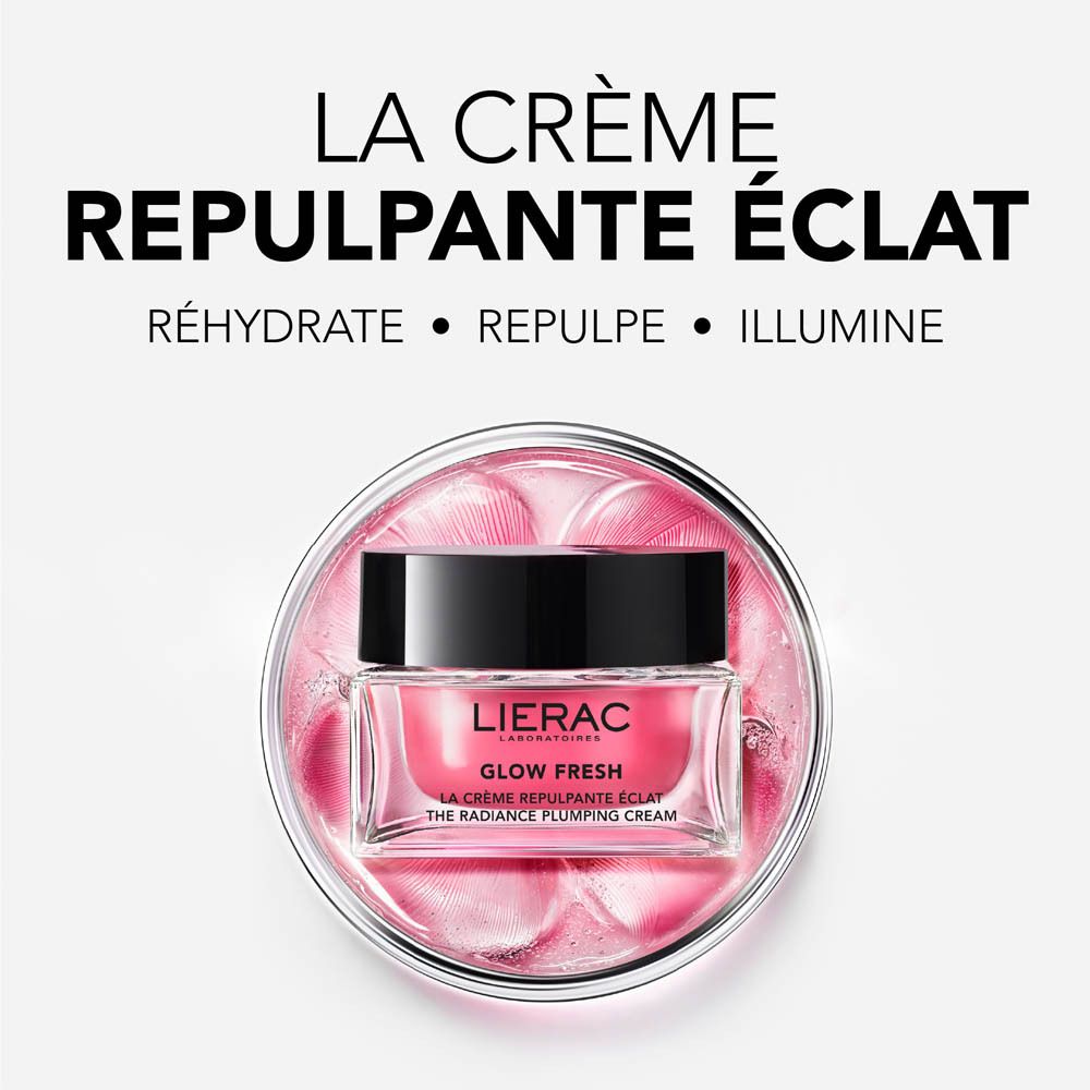 Produit avec crème rose dans un pot en verre, entouré de texte et logo.