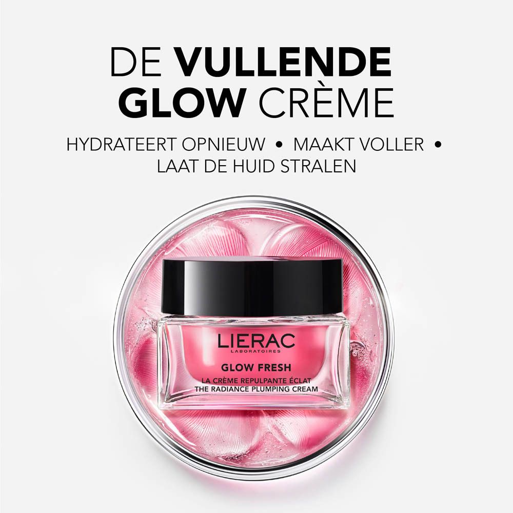 Product met roze crème in een glazen pot, omringd door tekst en logo.