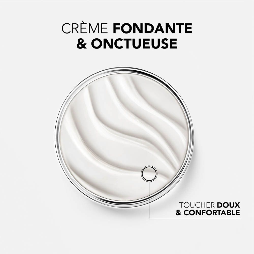 Produit avec crème rose dans un pot en verre, entouré de texte et logo.