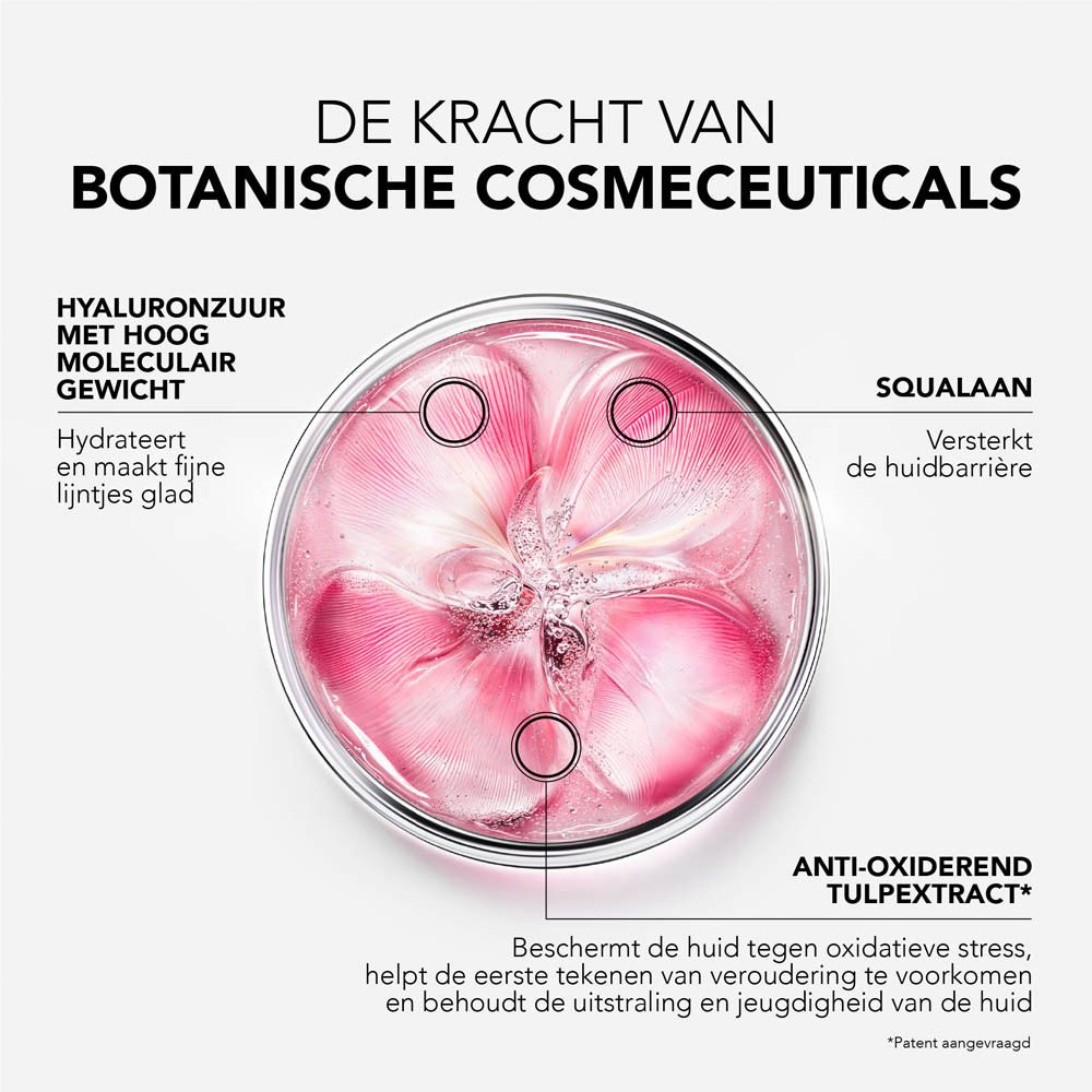 Product met roze crème in een glazen pot, omringd door tekst en logo.
