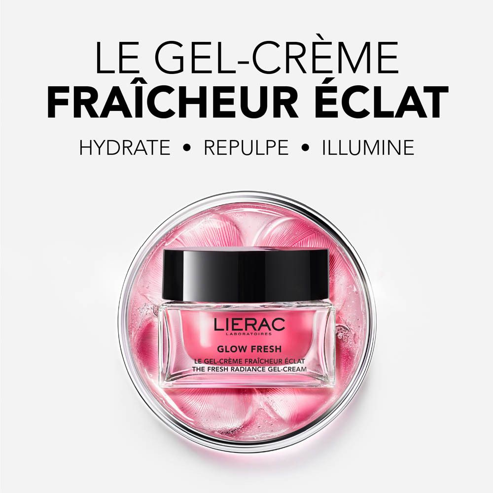 Produit dans un récipient rond. Inscription : Lierac, Glow Fresh, Gel-Crème Fraîcheur Éclat. Texte : Hydrate, Repulpe, Illumine.