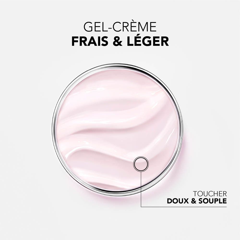Gros plan d'un gel-crème rose. Texte : Frais & Léger, Toucher Doux & Souple.