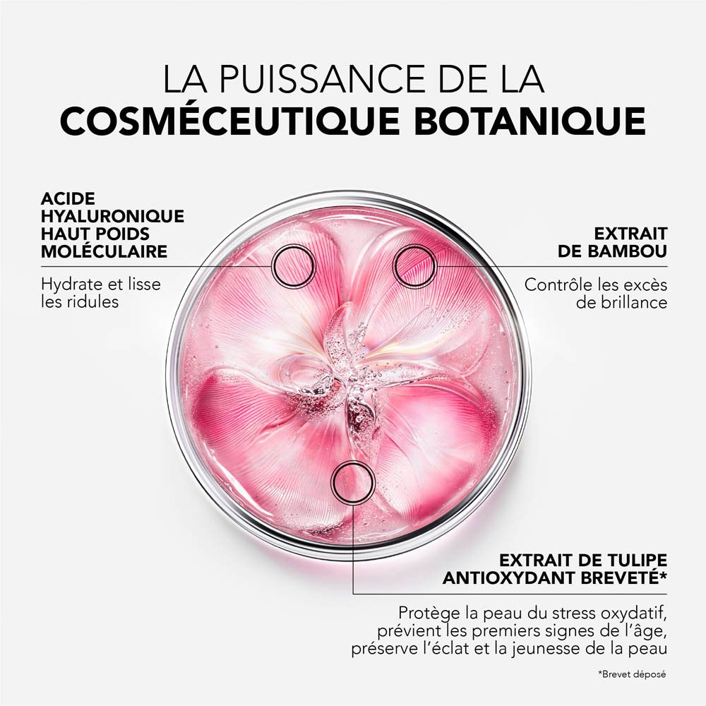 Récipient rond avec gel-crème rose. Texte : Acide Hyaluronique, Extrait de Bambou, Extrait de Tulipe.