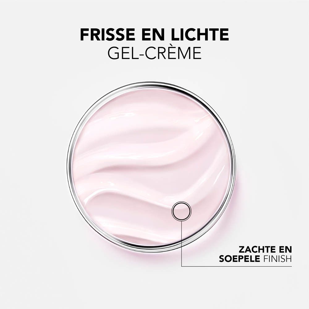 Ronde houder met roze gel-crème. Tekst: Hyaluronzuur, Bamboe-extract, Anti-oxiderend Tulpextract.