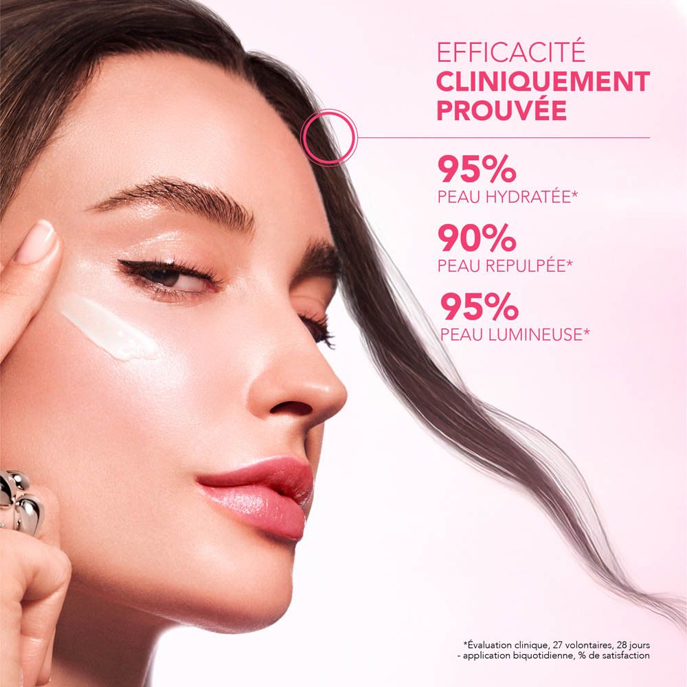 Femme appliquant de la crème. Texte : Efficacité Cliniquement Prouvée, 95% Peau Hydratée, 90% Peau Repulpée, 95% Peau Lumineuse.