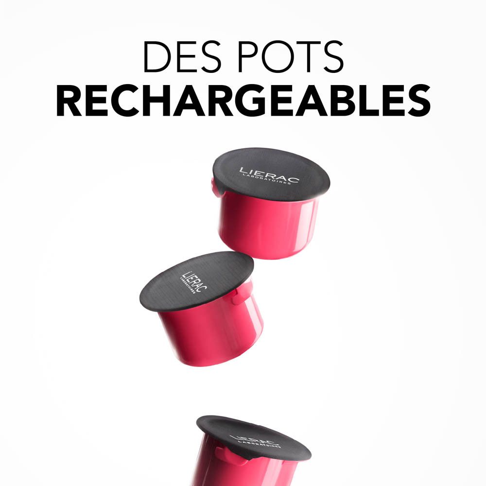 Trois récipients roses avec couvercles noirs. Texte: DES POTS RECHARGEABLES. Marque Lierac.
