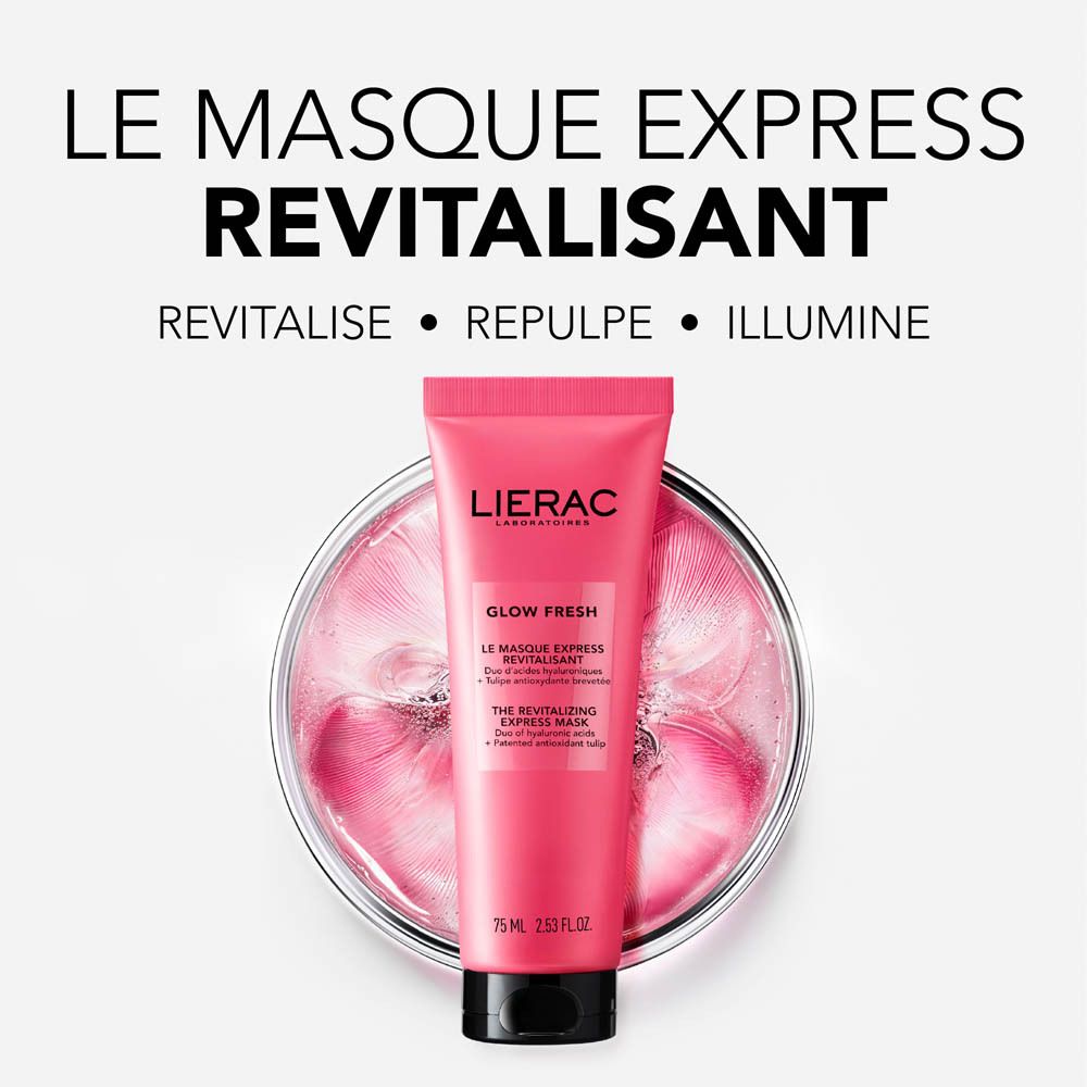 Tube rose avec bouchon noir. Inscription: LIERAC, GLOW FRESH, LE MASQUE EXPRESS REVITALISANT, 75 ml.