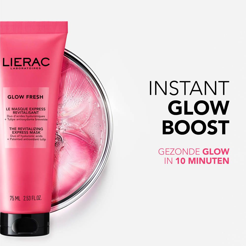 Roze tube met zwarte dop. Opschrift: LIERAC, GLOW FRESH, LE MASQUE EXPRESS REVITALISANT, 75 ml.