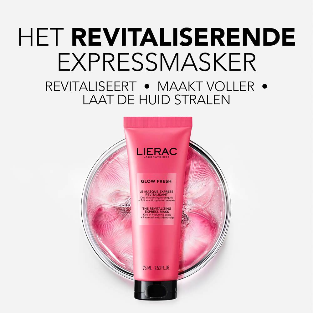 Product in een ronde schaal. Tekst: HET REVITALISERENDE EXPRESSMASKER. Roze bloemblaadjes.