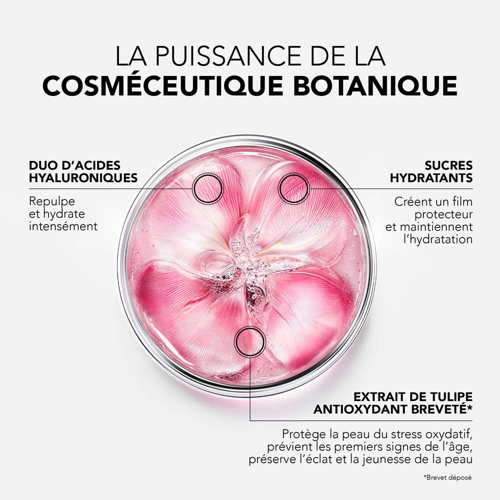 Bol rond avec gel-crème blanc. Texte: GEL-CRÈME FRAIS. Point avec flèche.
