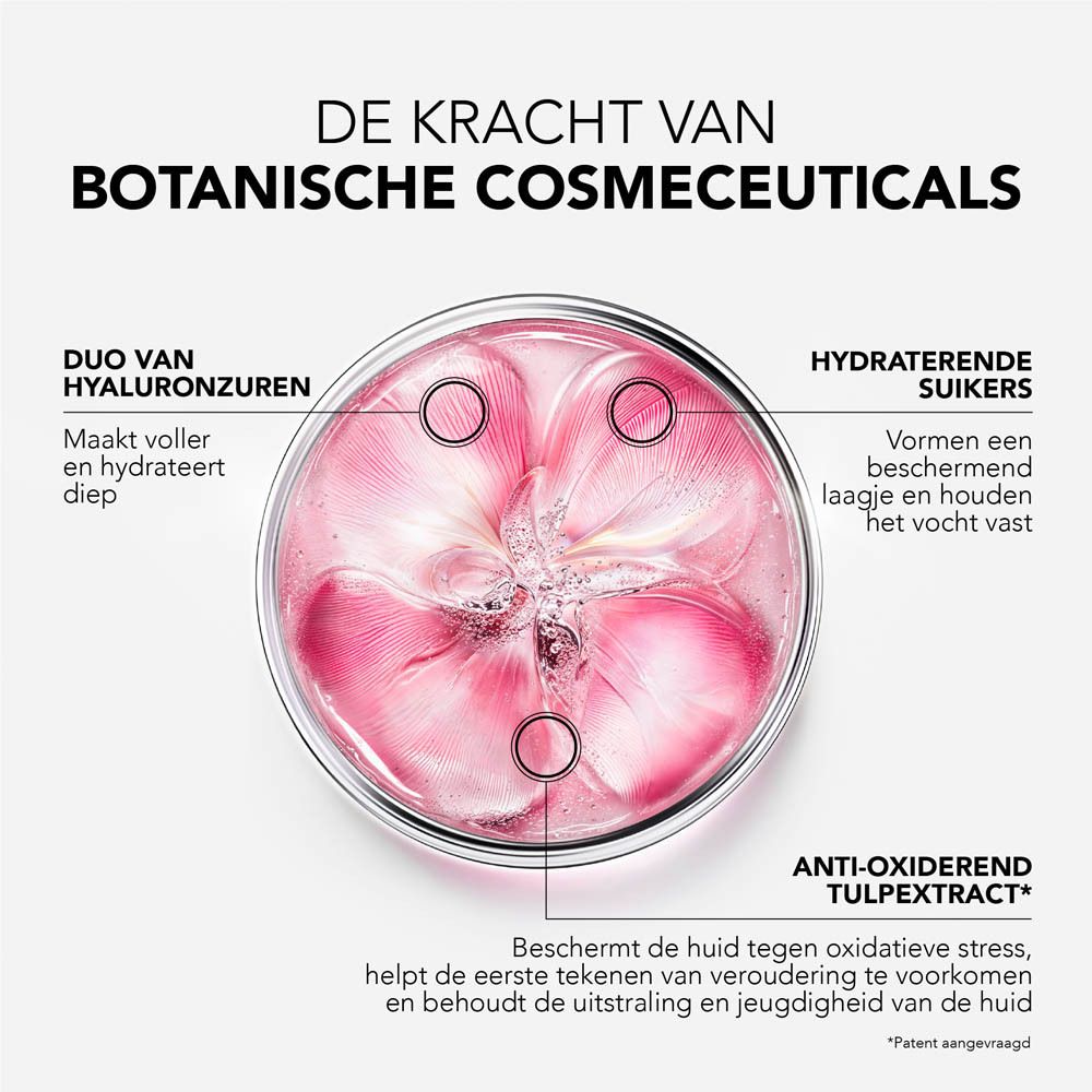Ronde schaal met roze bloemblaadjes. Tekst: DE KRACHT VAN BOTANISCHE COSMECEUTICALS.
