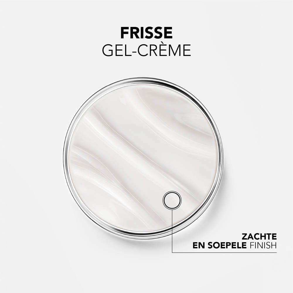 Ronde schaal met witte gel-crème. Tekst: FRISSE GEL-CRÈME. Punt met pijl.