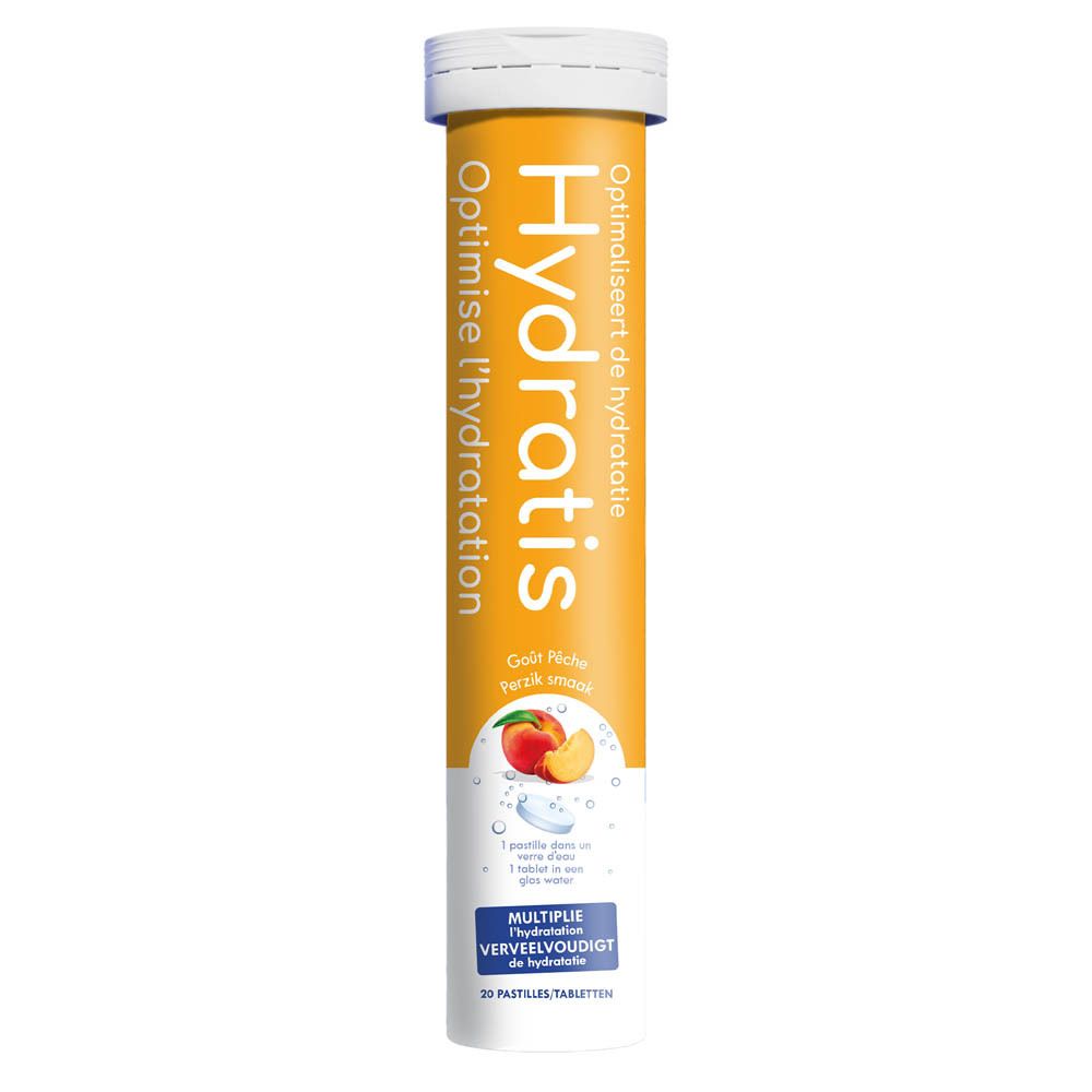 Tube de comprimés Hydratis. Saveur pêche. Inscription: Hydratis, Optimise l'hydratation. Illustration: pêche et comprimé.
