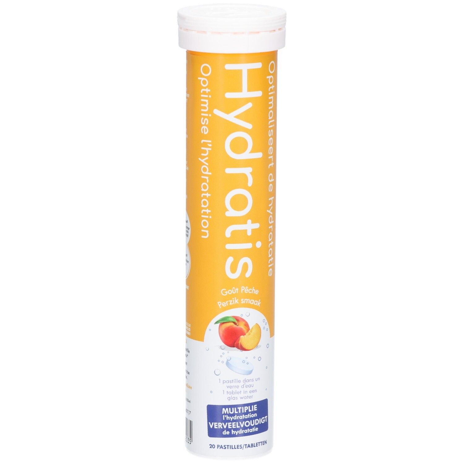Tube de comprimés Hydratis. Saveur pêche. Inscription: Hydratis, Optimise l'hydratation. Illustration: pêche et comprimé.