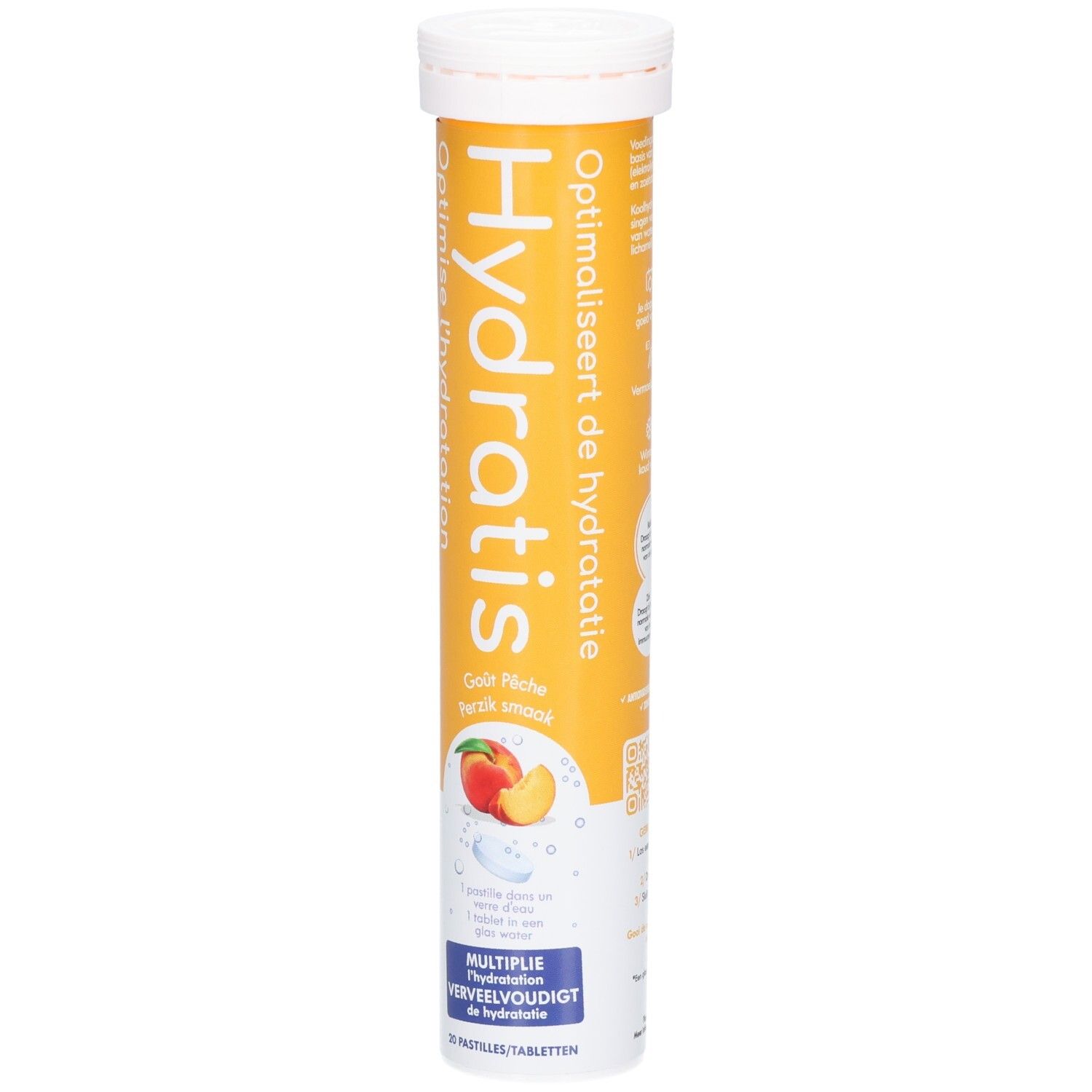 Tube de comprimés Hydratis. Saveur pêche. Inscription: Hydratis, Optimise l'hydratation. Illustration: pêche et comprimé.