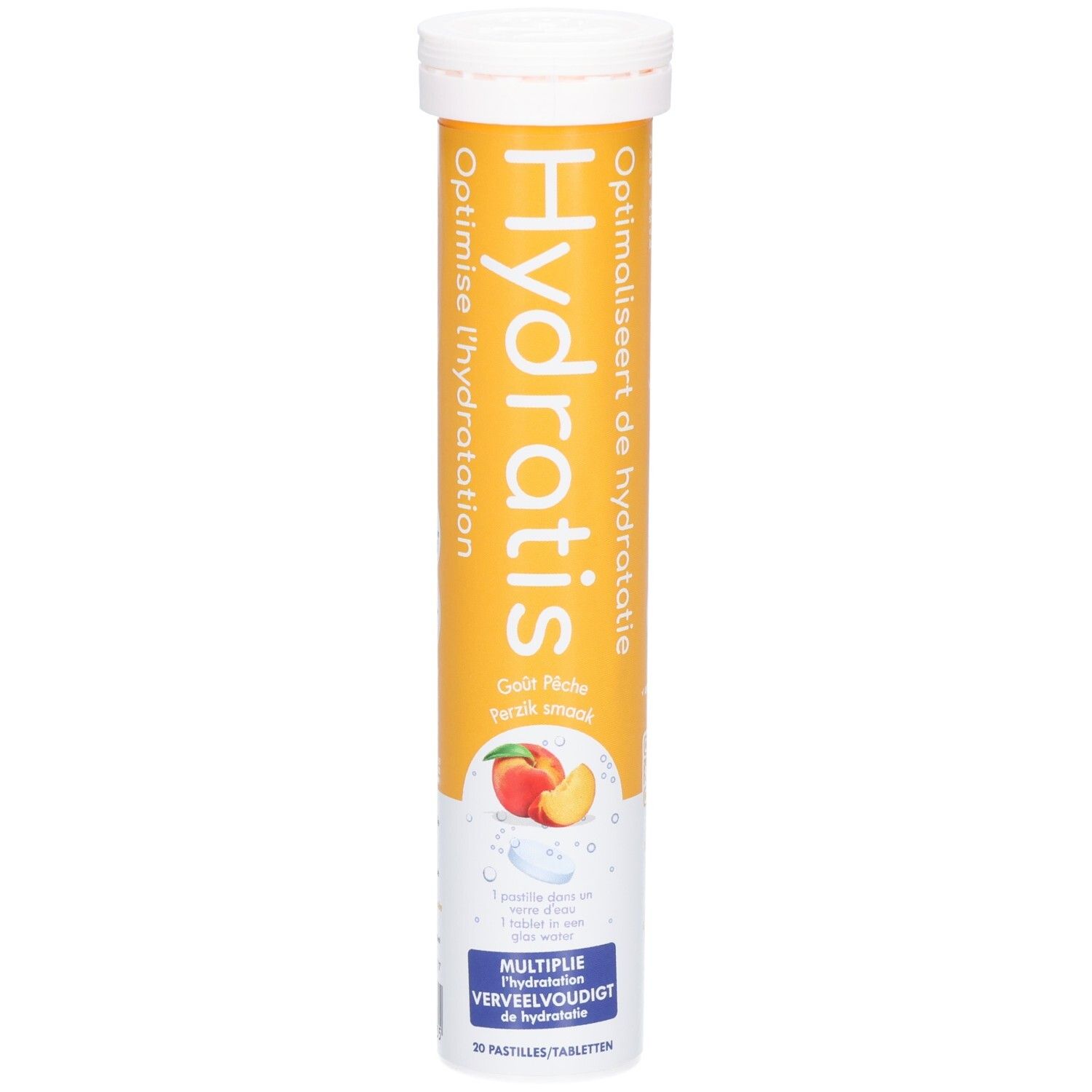 Tube de comprimés Hydratis. Saveur pêche. Inscription: Hydratis, Optimise l'hydratation. Illustration: pêche et comprimé.