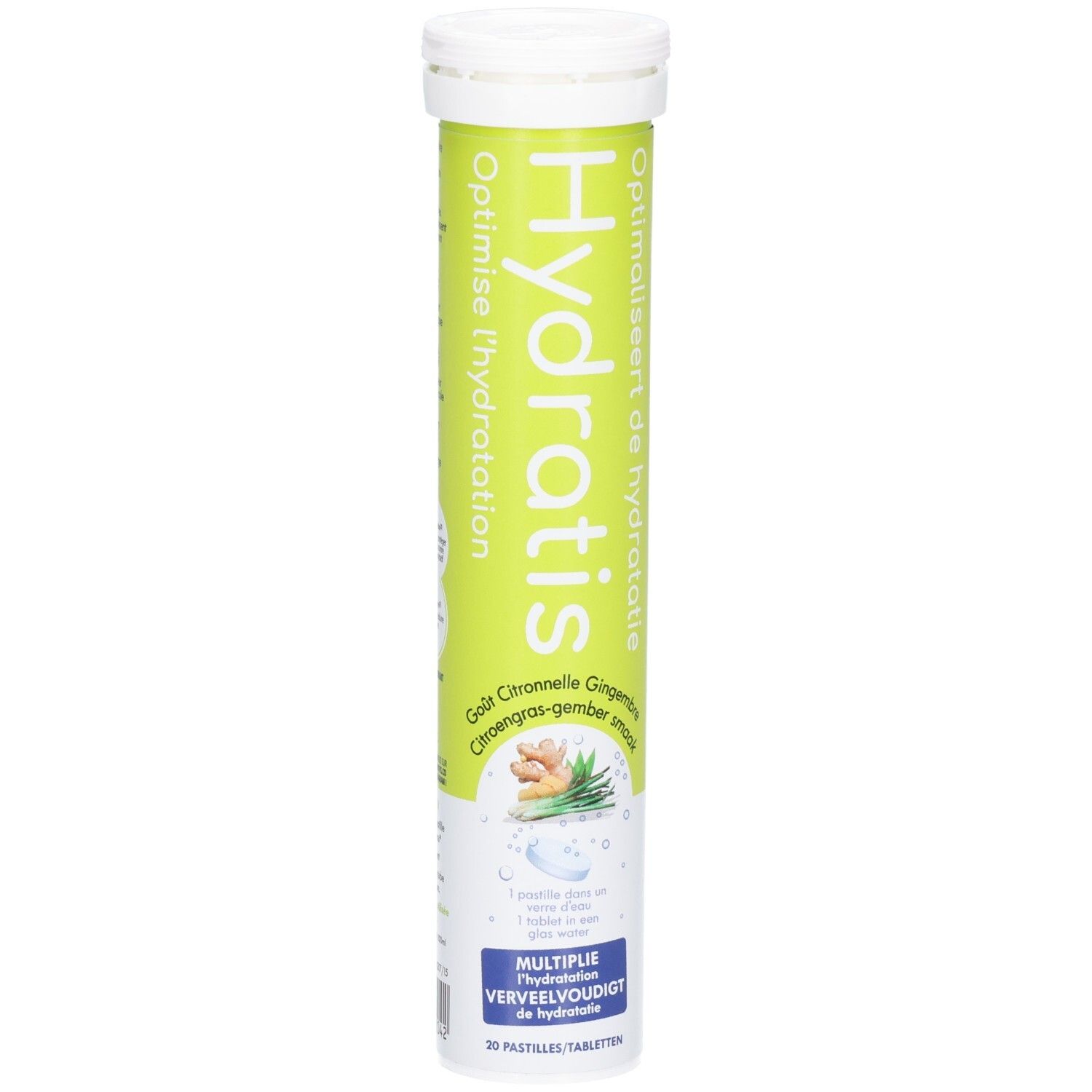 Emballage cylindrique Hydratis. Goût citronnelle-gingembre. Contient 20 comprimés effervescents. Optimise l'hydratation.