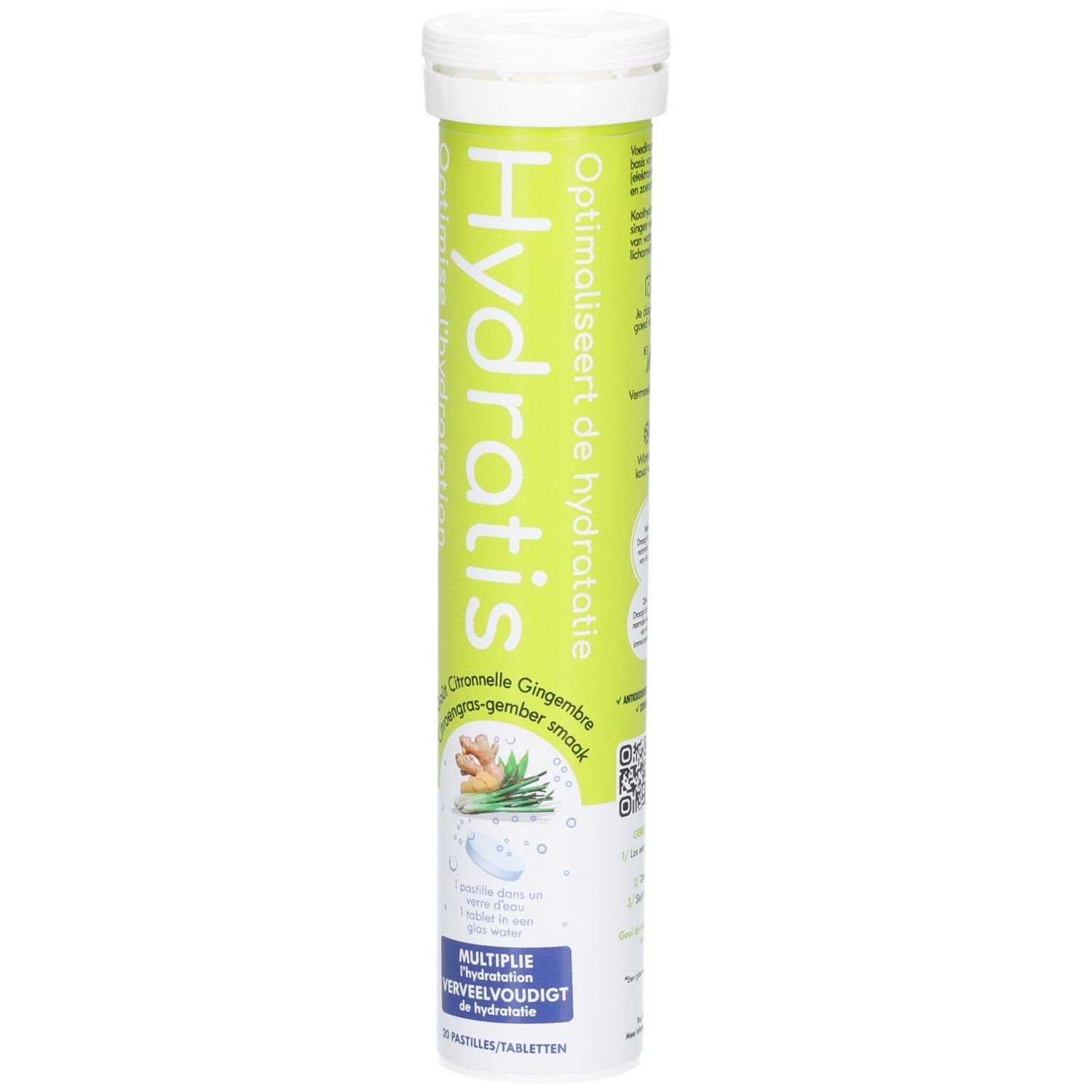Emballage cylindrique Hydratis. Goût citronnelle-gingembre. Contient 20 comprimés effervescents. Optimise l'hydratation.
