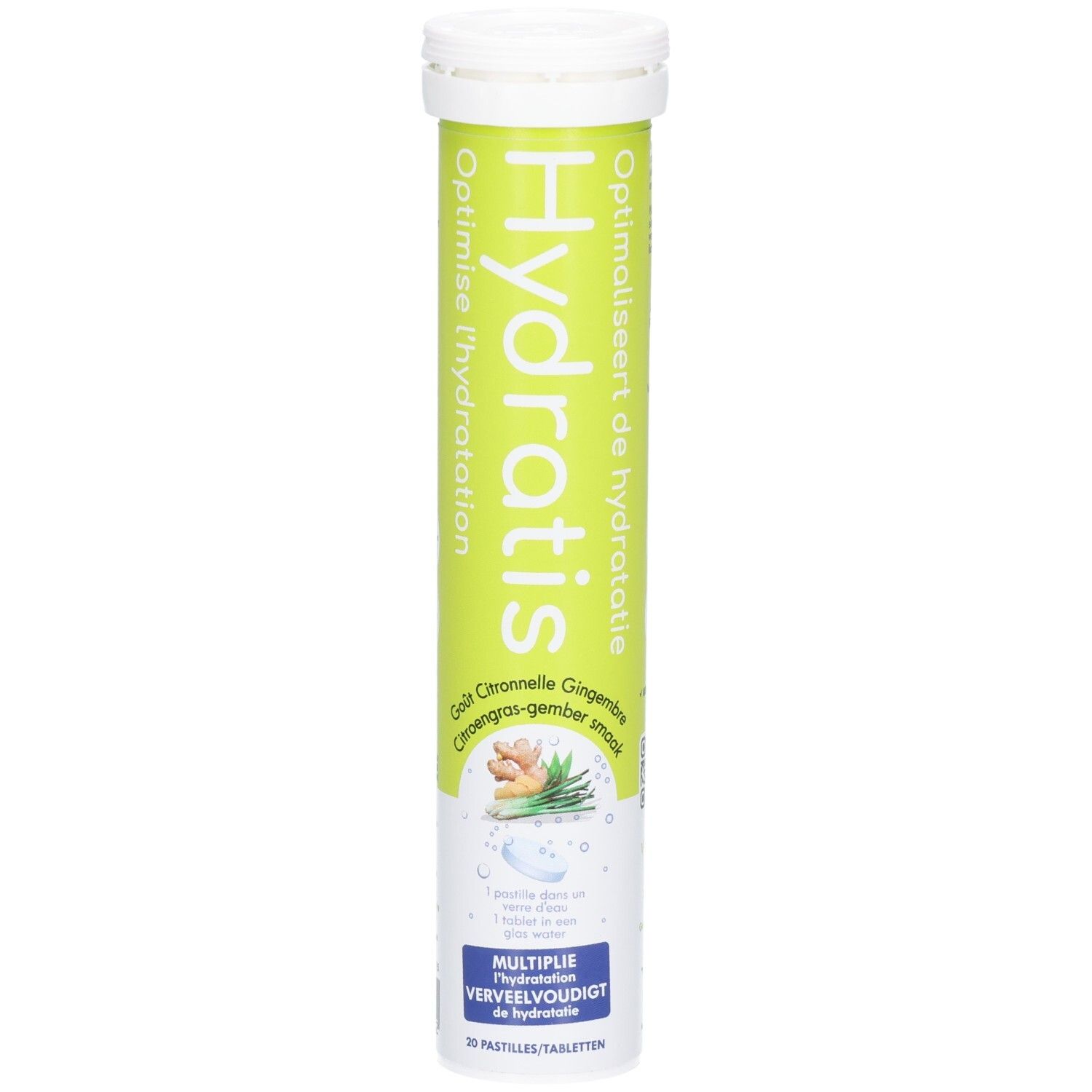 Emballage cylindrique Hydratis. Goût citronnelle-gingembre. Contient 20 comprimés effervescents. Optimise l'hydratation.
