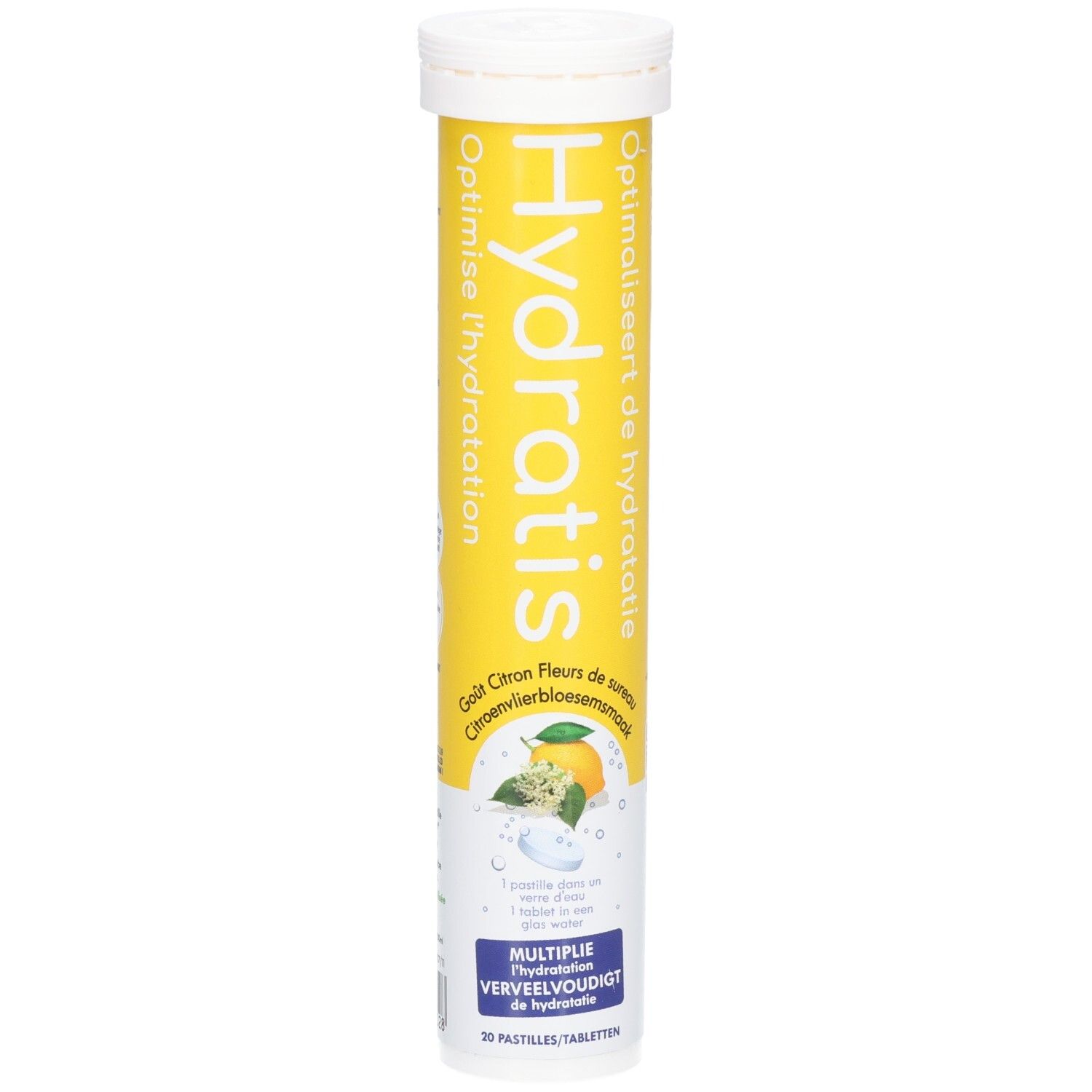 Gele cilindrische verpakking met witte dop. Opschrift Hydratis, smaak citroen-vlierbloesem. 20 bruistabletten.