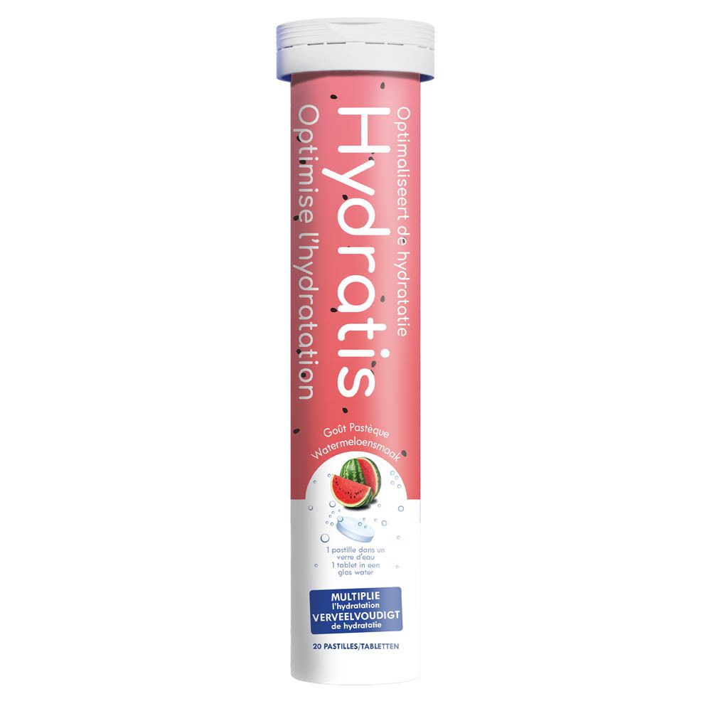 Cilindrische verpakking met Hydratis tabletten. Roze-wit ontwerp met watermeloen illustratie en productnaam.
