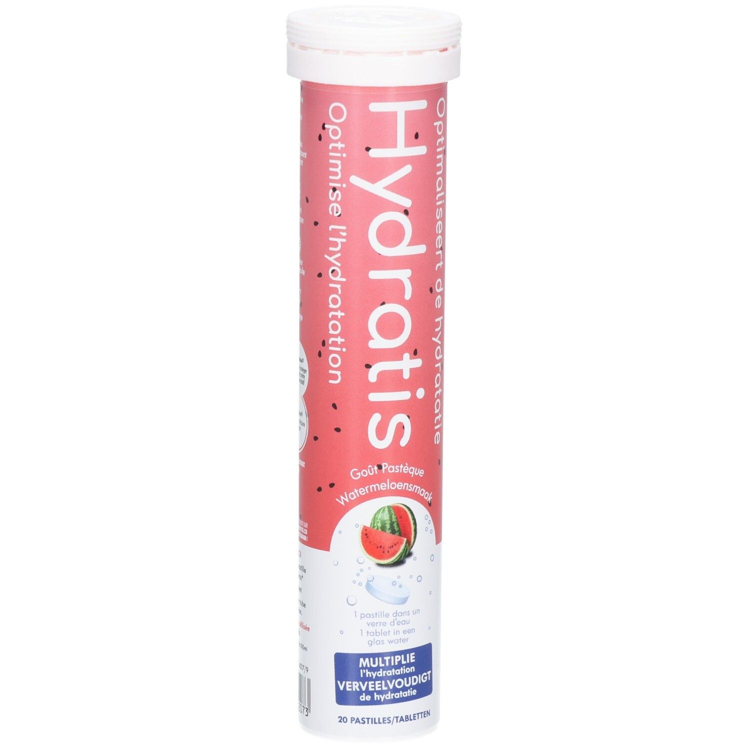 Cilindrische verpakking met Hydratis tabletten. Roze-wit ontwerp met watermeloen illustratie en productnaam.