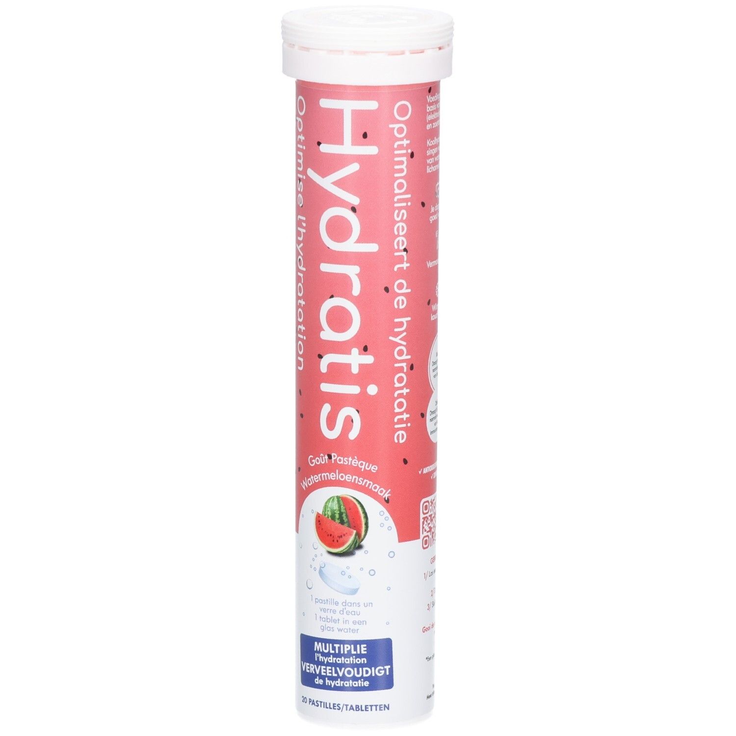Cilindrische verpakking met Hydratis tabletten. Roze-wit ontwerp met watermeloen illustratie en productnaam.