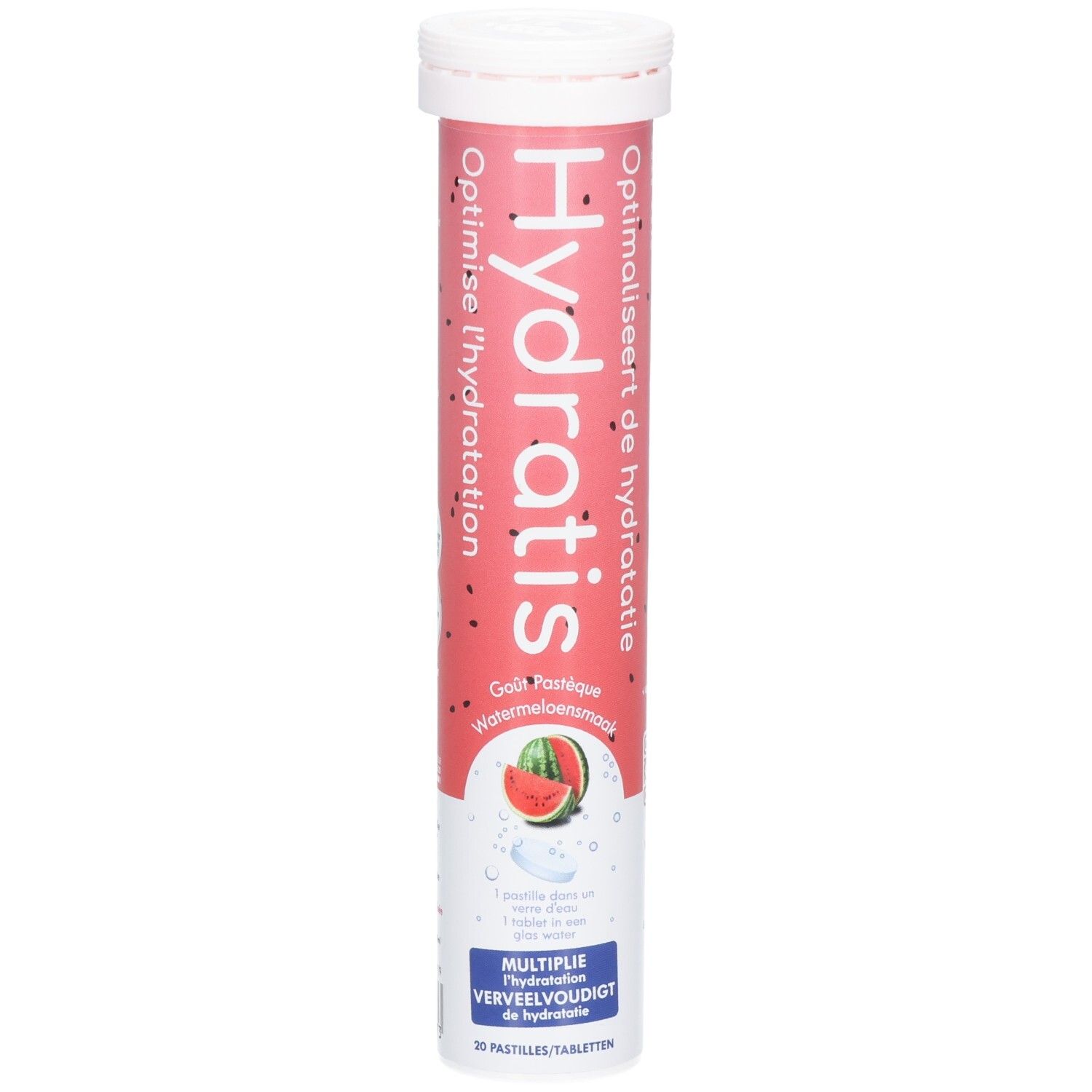 Cilindrische verpakking met Hydratis tabletten. Roze-wit ontwerp met watermeloen illustratie en productnaam.