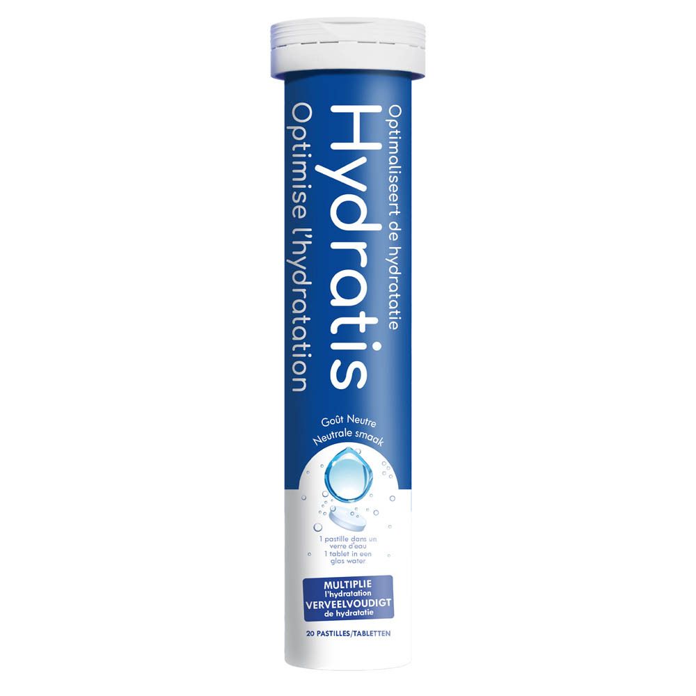 Tube cylindrique blanc et bleu. Inscription Hydratis, Optimise l'hydratation. Goût neutre. 20 comprimés effervescents.