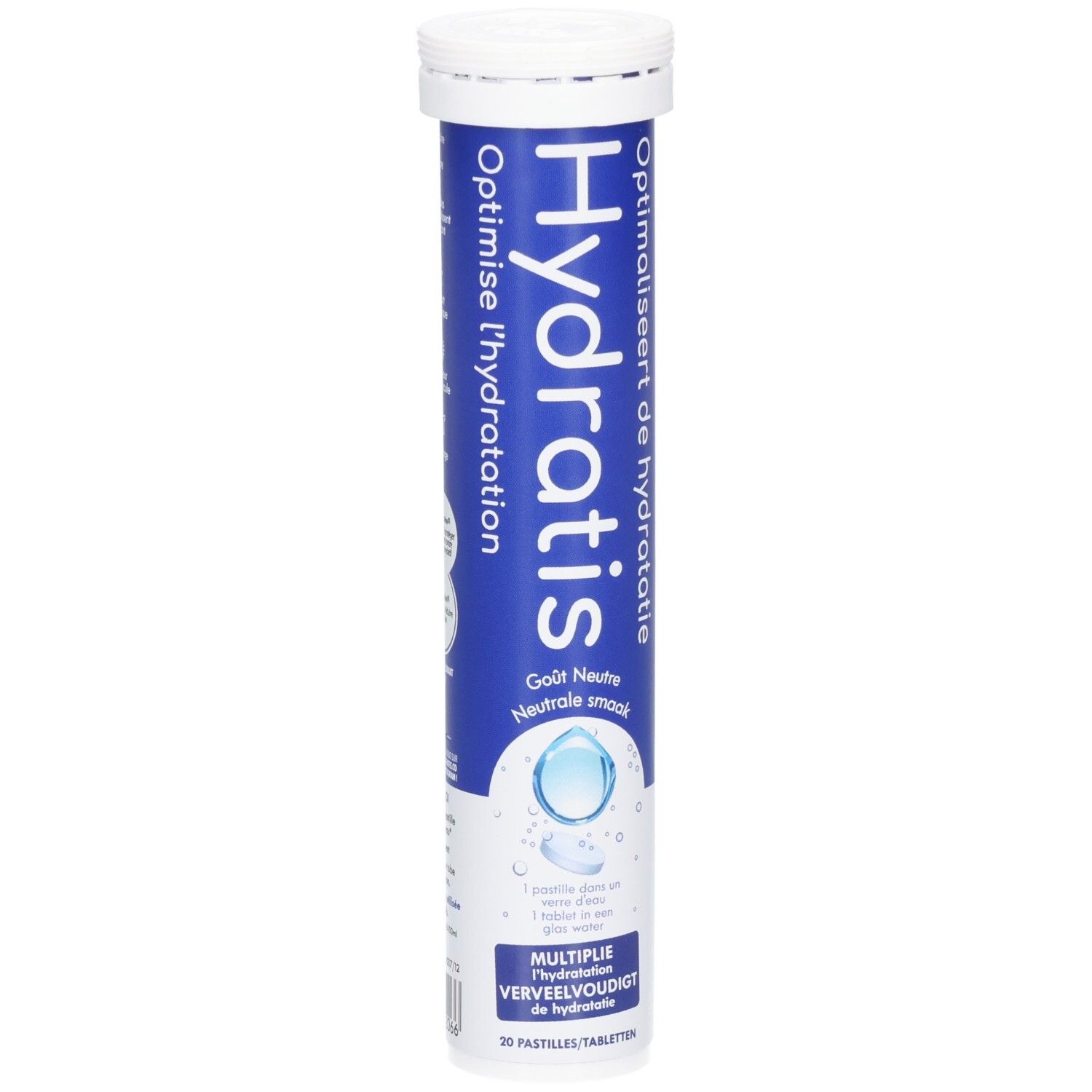 Cilindrische tube met witte dop. Blauwe tekst Hydratis, Optimise l'hydratation. Neutrale smaak. 20 bruistabletten.