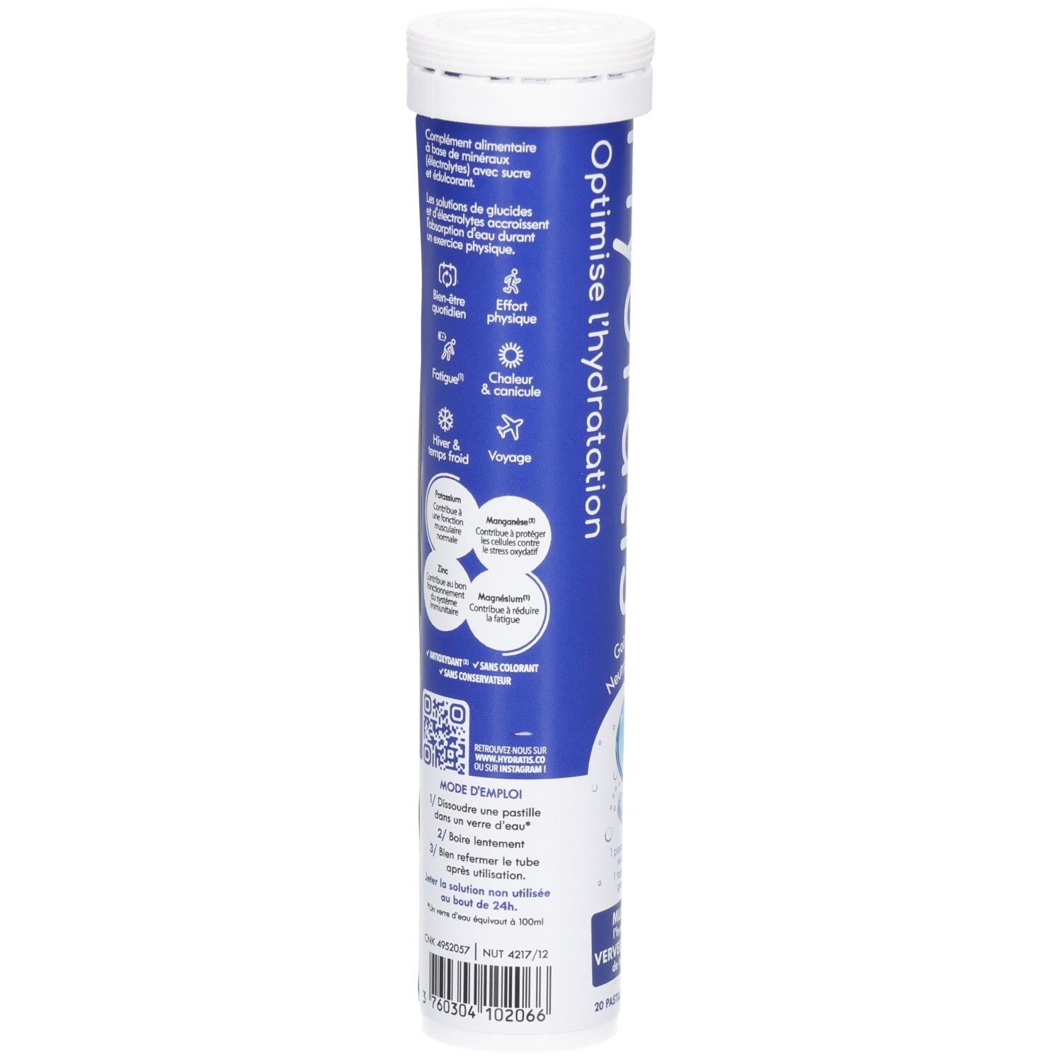 Blauwe tube met witte dop. Tekst: Optimise l'hydratation. Informatie over ingrediënten en gebruik. QR-code.
