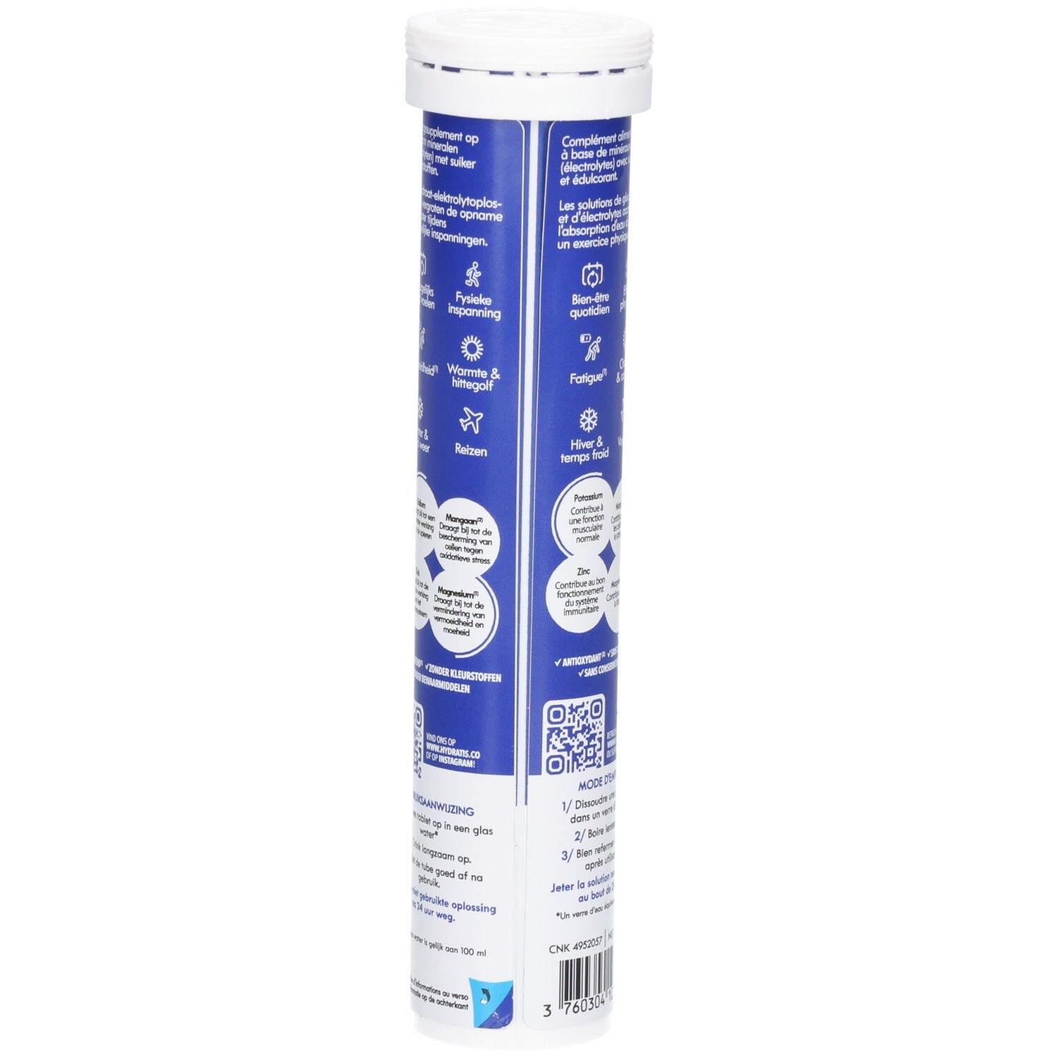 Blauwe tube met witte dop. Tekst: Optimise l'hydratation. Informatie over ingrediënten en gebruik. QR-code.