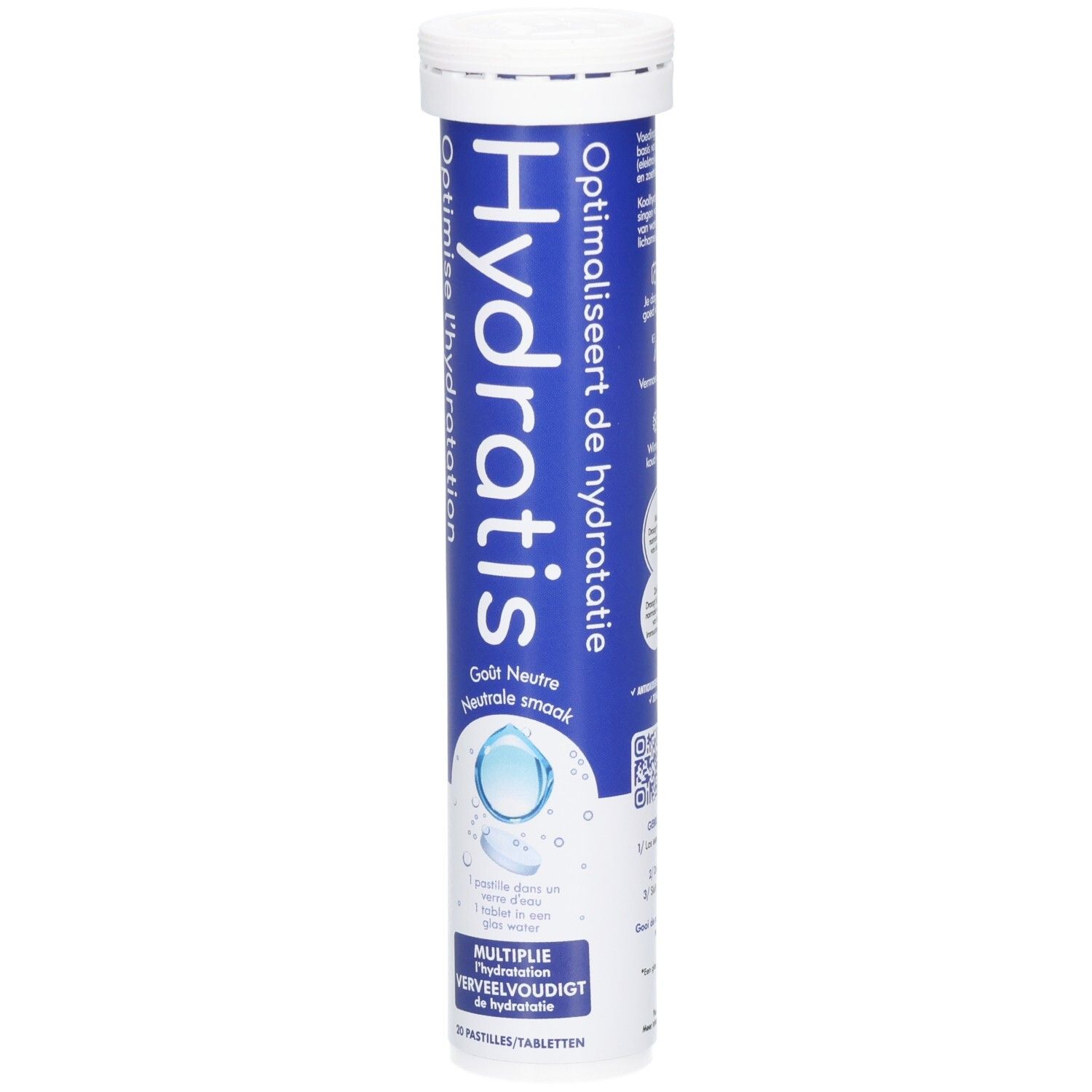 Cilindrische tube met witte dop. Blauwe tekst Hydratis, Optimise l'hydratation. Neutrale smaak. 20 bruistabletten.