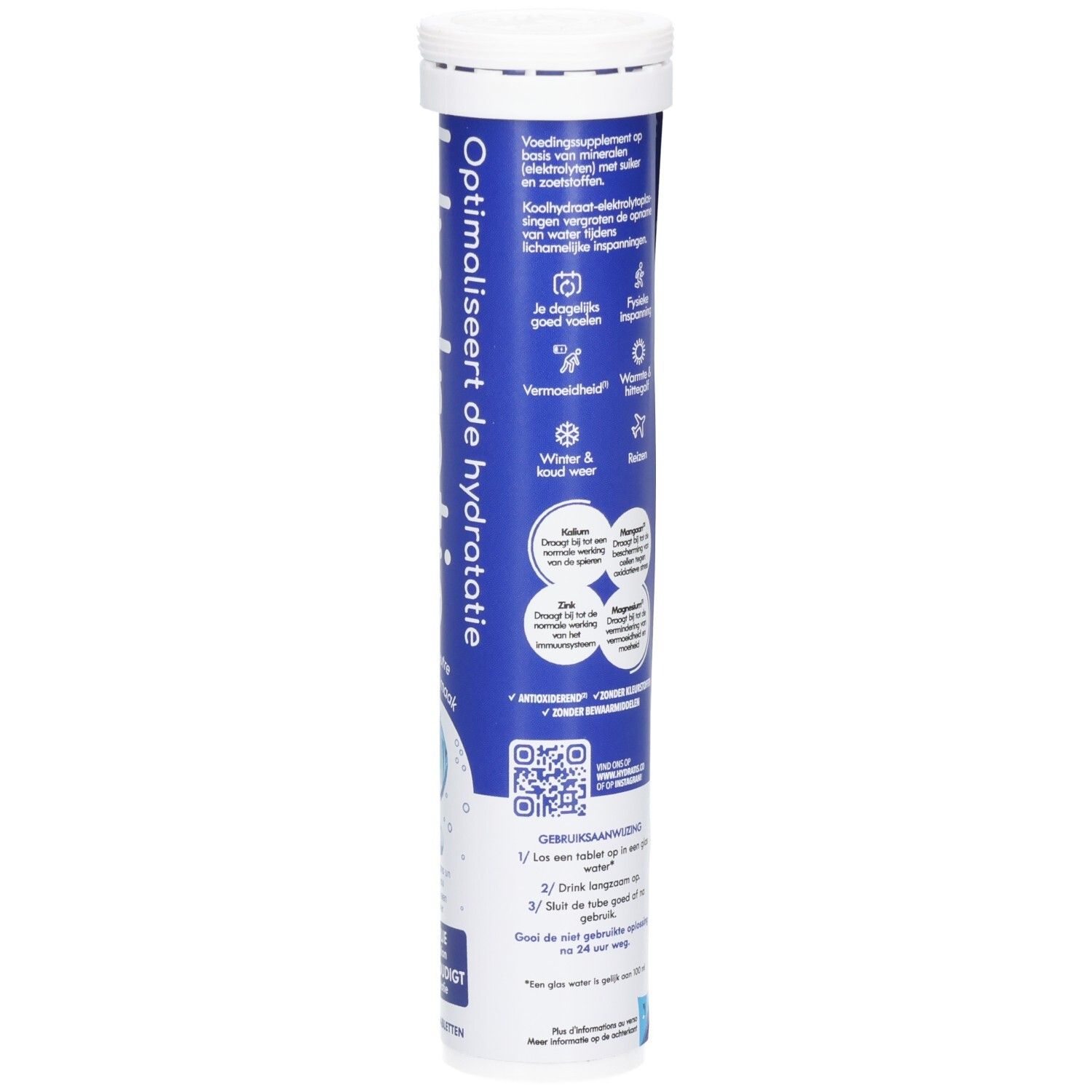 Blauwe tube met witte dop. Tekst: Optimise l'hydratation. Informatie over ingrediënten en gebruik. QR-code.