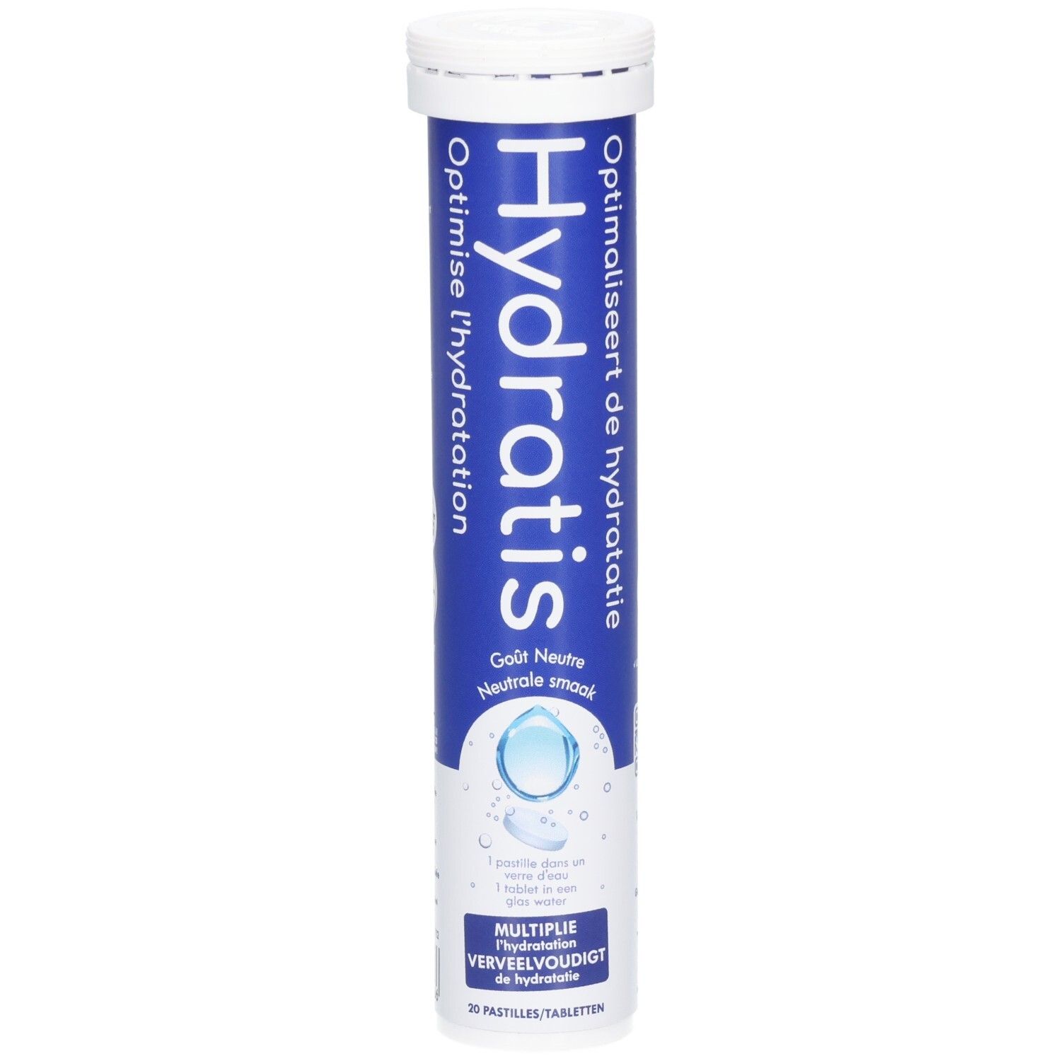 Cilindrische tube met witte dop. Blauwe tekst Hydratis, Optimise l'hydratation. Neutrale smaak. 20 bruistabletten.