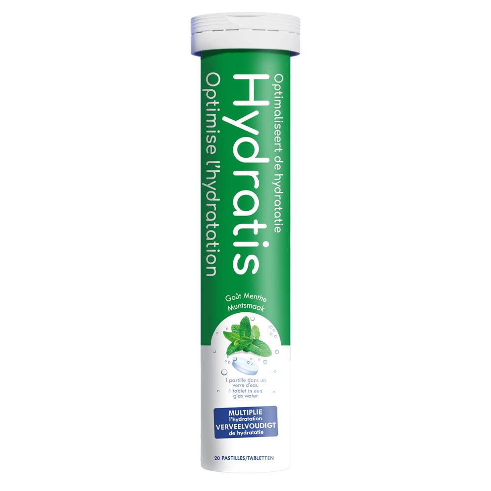Cilindrische tube met tabletten. Groen-witte verpakking met Hydratis. Smaak: Mint. 20 tabletten.