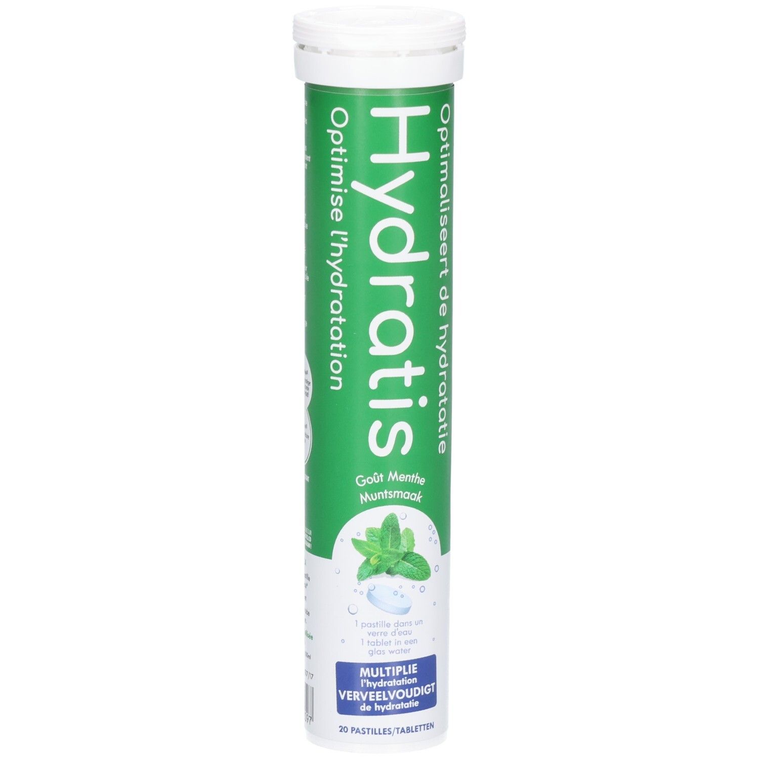 Tube cylindrique de comprimés. Emballage vert et blanc avec Hydratis. Goût menthe. 20 comprimés.