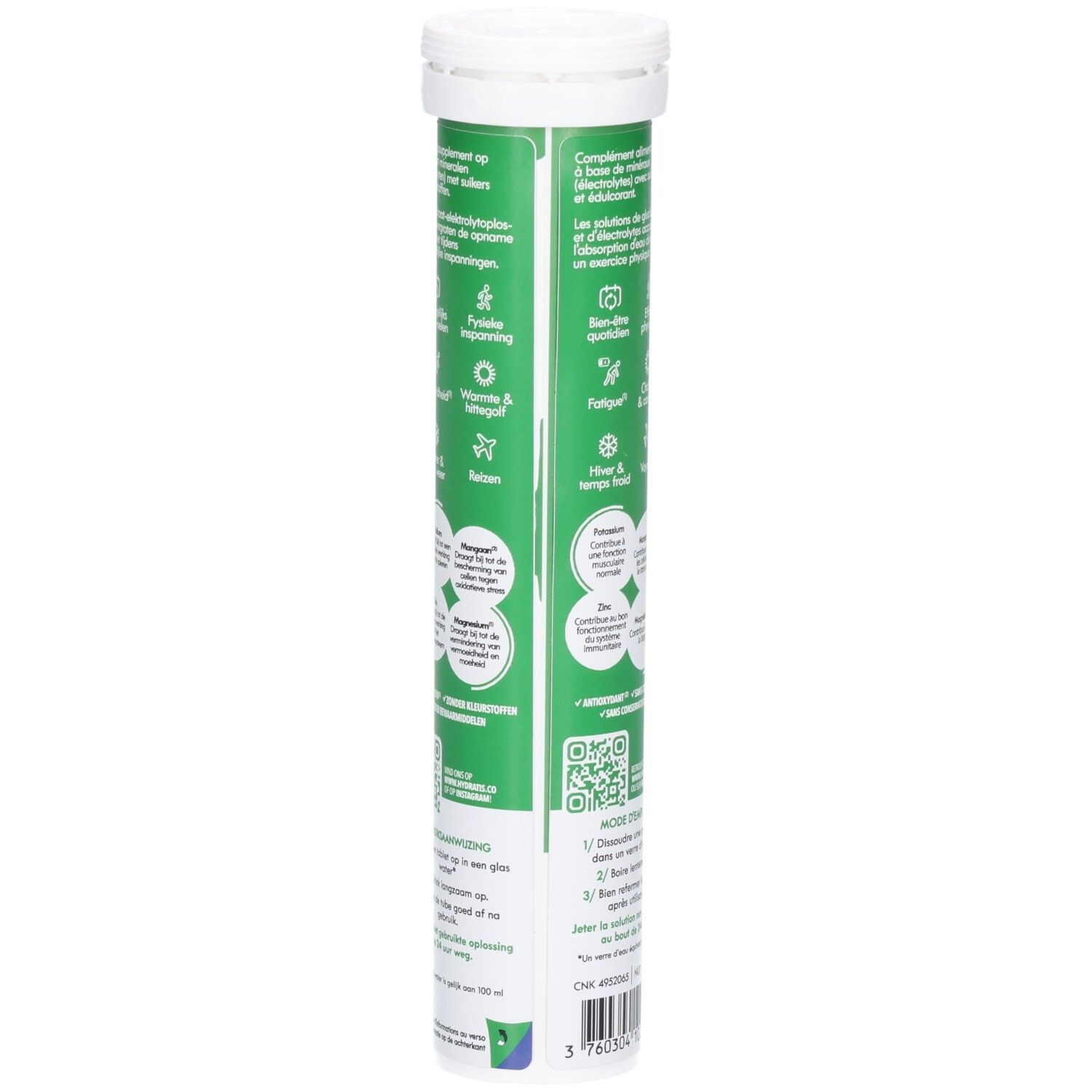 Tube vert et blanc avec informations produit. Contient des informations sur les ingrédients et l'utilisation. Code QR.