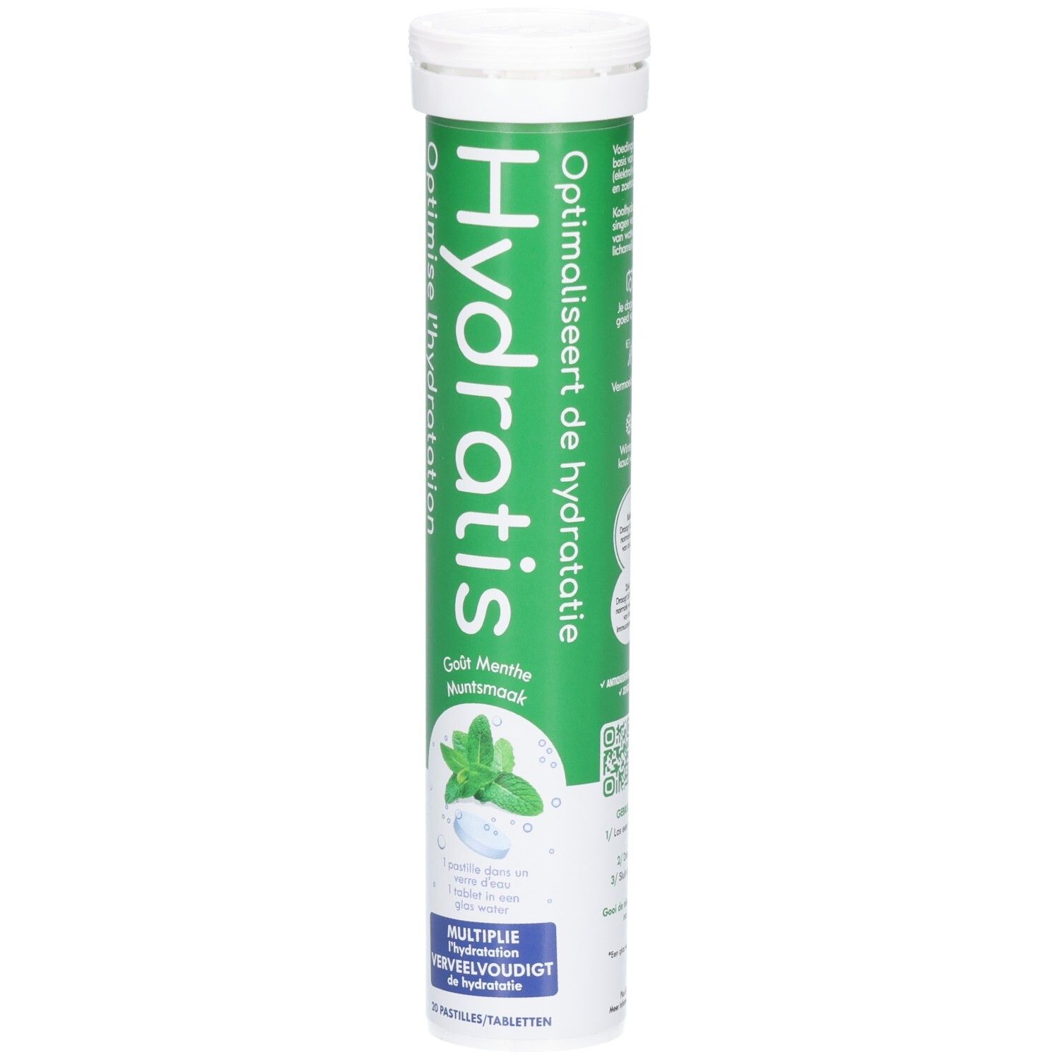 Tube cylindrique de comprimés. Emballage vert et blanc avec Hydratis. Goût menthe. 20 comprimés.