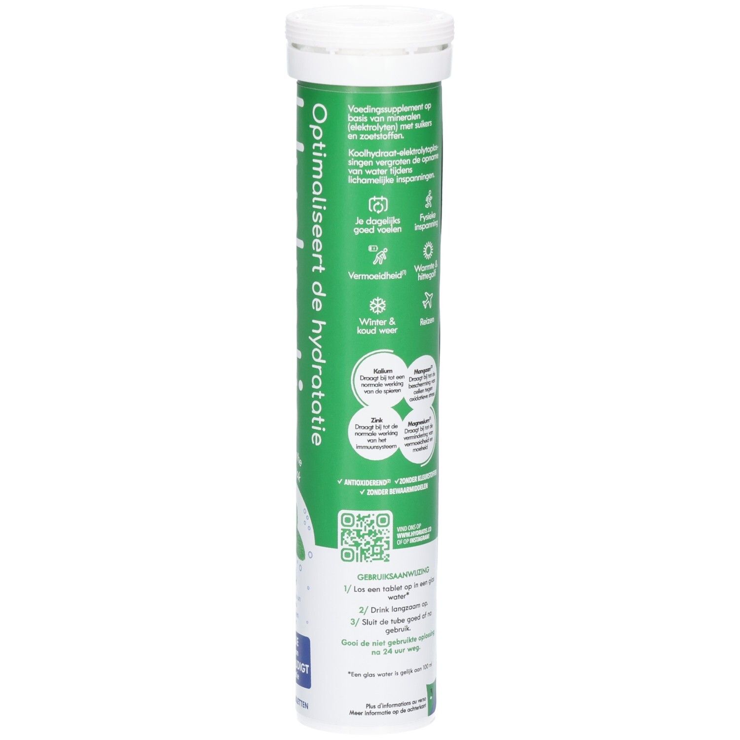 Tube vert et blanc avec informations produit. Contient des informations sur les ingrédients et l'utilisation. Code QR.