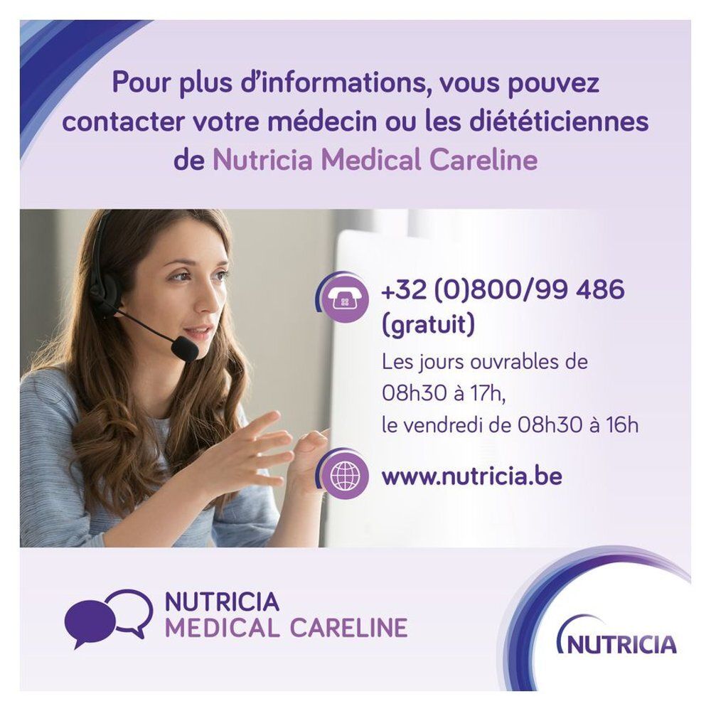 Image promotionnelle d'une femme avec un casque. Texte: Coordonnées de Nutrison Medical Careline en français.