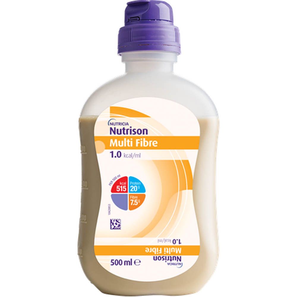 Bouteille avec bouchon violet. Étiquette avec nom du produit et informations nutritionnelles. Marque 500ml.