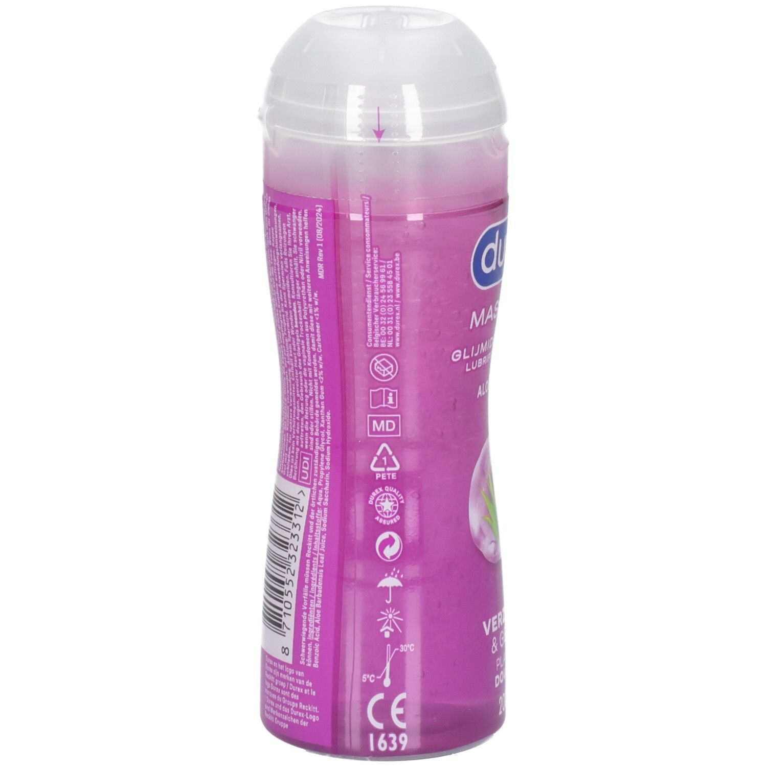 Gel de massage Durex dans une bouteille transparente avec une étiquette rose. Le bouchon est blanc.
