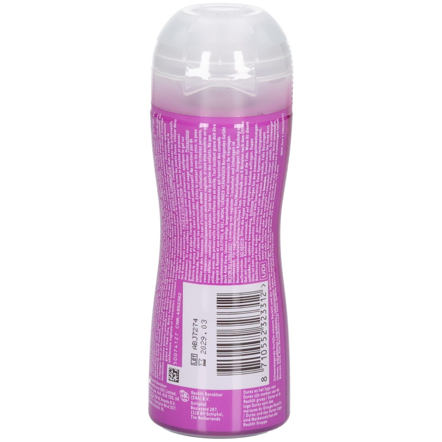 Bouteille violette avec bouchon rabattable blanc, remplie de lubrifiant. Texte et code-barres sur la bouteille.