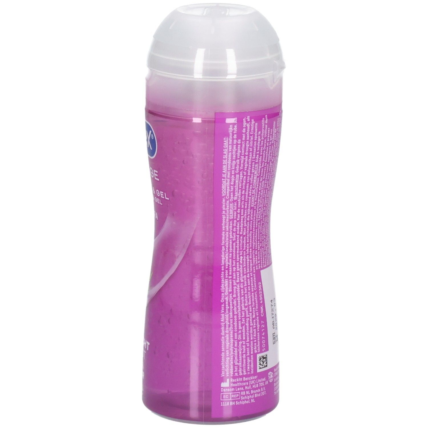 Flacon de gel de massage Durex Play, 200ml, avec bouchon transparent et gel violet.
