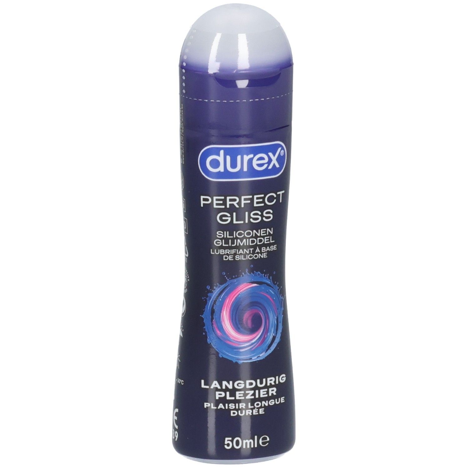 Donkerblauwe fles met witte dop. Opschrift: Durex Perfect Gliss. Bevat 50ml. Siliconen glijmiddel.